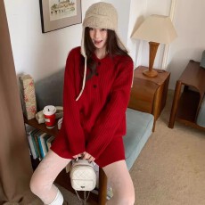 批发巨好看2026新年氛围感红色毛衣套装女秋<b class='q'>冬</b>慵懒风针织衫短裤两件套