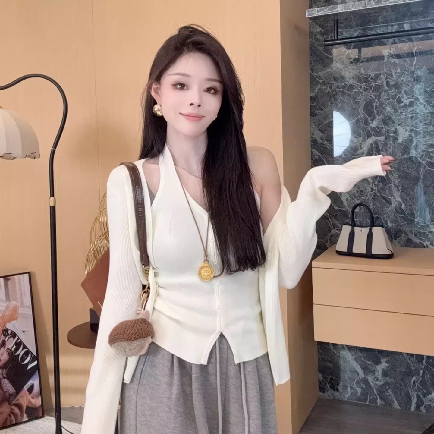 한 부서 이른 가을 착용 가져 가라. 전체 집합 작은 샤넬 스타일 니트 오픈 가디건 캐미솔 맨위 투피스 슈트 가을 여성 의류