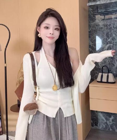 한 부서 이른 가을 착용 가져 가라. 전체 집합 작은 샤넬 스타일 니트 오픈 가디건 캐미솔 맨위 투피스 슈트 가을 여성 의류