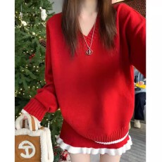 批发新年过年战袍红色毛衣套装女秋冬季搭配一整套高级感半身裙两件套