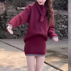 批发本命年新年红色套装女2025新款秋冬季穿搭一整套毛衣半身裙两件套