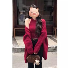 批发中长款慵懒风新年红色毛衣开衫外套女秋<b class='q'>冬</b>内搭背心针织开衫两件套