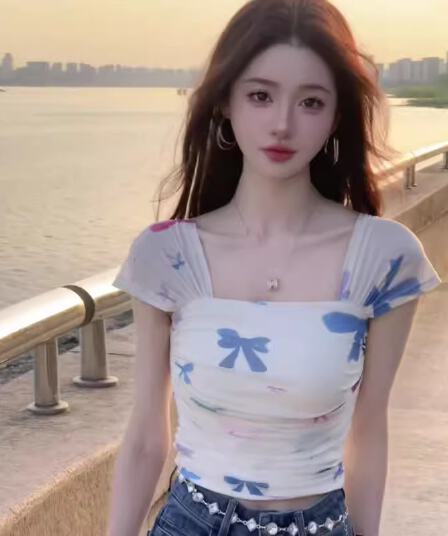 여름 ootb 기타 아민 바 착용 가져 가라. 광장 칼라 반팔 티셔츠 여성 여름 몸매 가꾸기 Chic 고유 한 슈퍼 잘 생긴 작은 맨위
