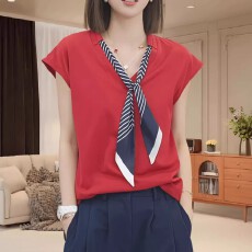 批发韩系高级感丝巾v领短袖t恤女<b class='q'>夏</b>时尚休闲宽松显瘦通勤穿搭气质上衣
