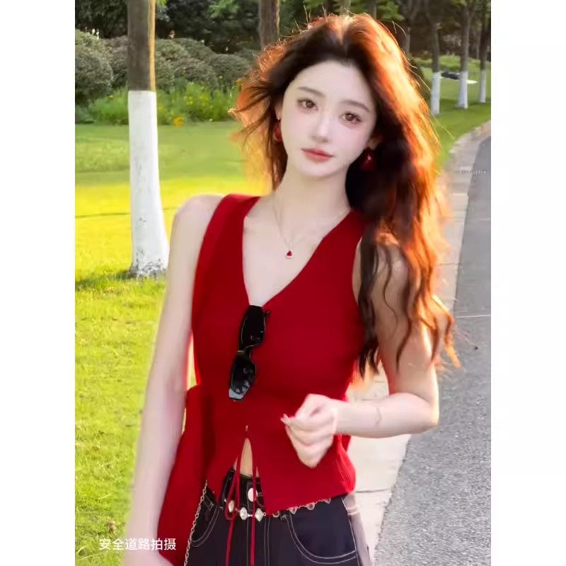 빨간색 레이스업 V넥 민소매 얼음 실크 니트 캐미솔 여름 외출용 몸매 가꾸기 고유 한 아름다운 핫걸 맨위