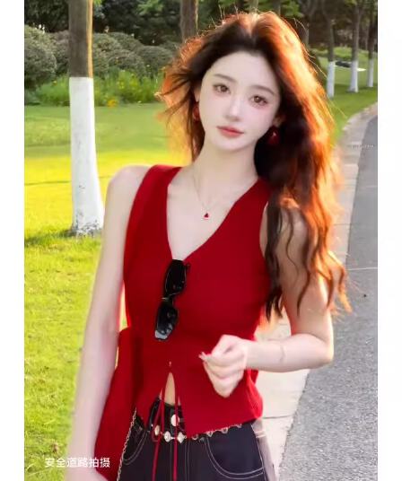 빨간색 레이스업 V넥 민소매 얼음 실크 니트 캐미솔 여름 외출용 몸매 가꾸기 고유 한 아름다운 핫걸 맨위