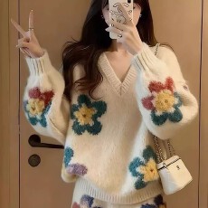 批发<b class='q'>小香</b>风毛衣<b class='q'>套装</b>女秋冬穿搭一整套温柔风花朵毛衣针织半身裙两件套