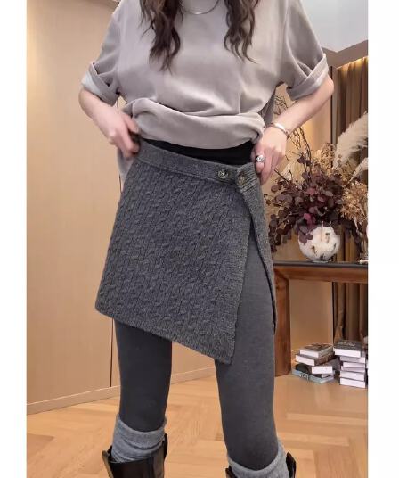 한 부서 패션 회색 단추 꽈배기 니트 랩스커트팬츠 여성 가을 겨울 디자인 센스 작은 대중 하이웨이스트 스택 착용 반신 치마
