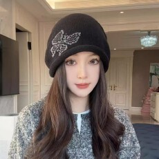 蝴蝶针织毛线帽女2025秋冬季大头围百搭帽子显脸小保暖护耳包头帽
