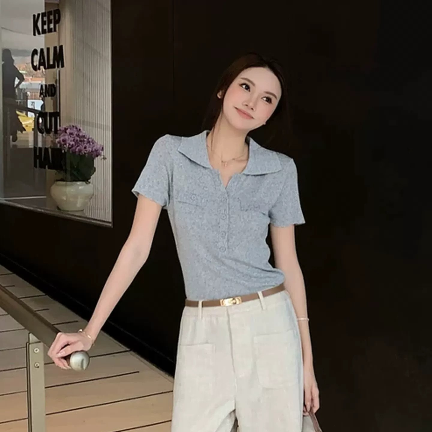 한 부서 오래된 돈 바람 착용 가져 가라. V넥 반팔 티셔츠 니트 스웨터 여성 여름 몸매 가꾸기 슬림해 보이는 캐주얼 다용도 품격 맨위