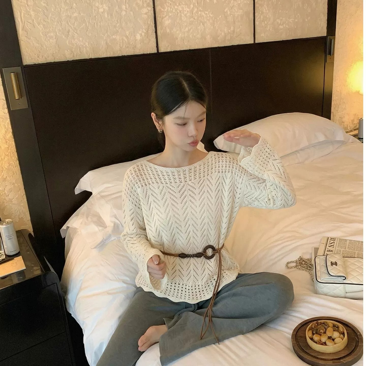 한 부서 ootd 착용 가져 가라. 긴팔 홀로우 아웃 니트 스웨터 여성 여름 루즈핏 느긋한 스택 착용 자외선 차단 블라우스 맨위 얇은 스타일