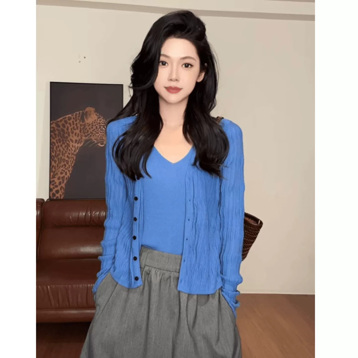 한 부서 파란색 페이크 레이어드 얼음 실크 니트 오픈 가디건 여름 새로운 얇고 가벼운 통기성 자외선 차단 에어컨 셔츠 꽈배기 맨위