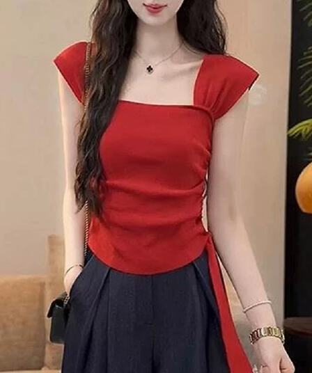 빨간색 광장 칼라 작은 날다 소매 티셔츠 여성 여름 디자인 센스 불규칙 주름 리본 고유 한 아름다운 꼬집기 허리 위로 의류