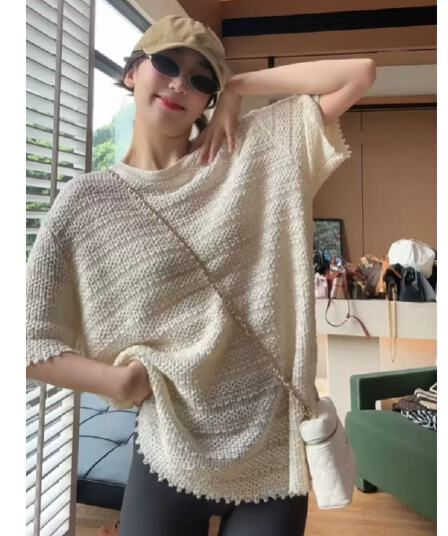 한 부서 레트로 깨진 측면 반팔 티셔츠 니트 스웨터 여성 여름 루즈핏 느긋한 바람을 피우다 롱 코트 패션 연령 감소 맨위