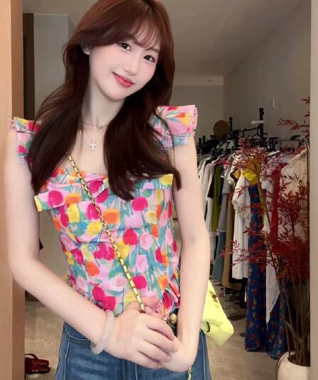 프랑스식 나비 매듭 유화 프린트 작은 날다 소매 캐미솔 여름 외출용 몸매 가꾸기 고유 한 아름다운 꼬집기 허리 위로 의류
