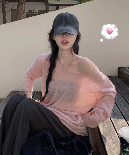 느긋한 바람 핑크색 비스듬한 어깨 니트 스웨터 여성 여름 얇은 스타일 자외선 차단 에어컨 블라우스 오프숄더 느슨함 센스 다용도 맨위