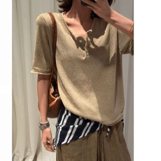 批发老钱风V领半开口短袖<b class='q'>针织</b>衫女夏季薄款宽松百搭时尚显瘦卷边上衣