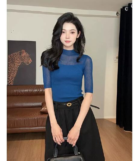 한 부서 파란색 반하이넥 마이크로 ~을 통해 5 점 소매 짠 셔츠 여성 여름 몸매 가꾸기 슬림해 보이는 성숙한 로얄 자매 얇은 스타일 맨위