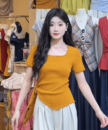 황색 광장 칼라 프릴 반팔 니트 스웨터 여성 여름 디자인 센스 고유 한 불규칙 허리 수축 슬림해 보이는 맨위