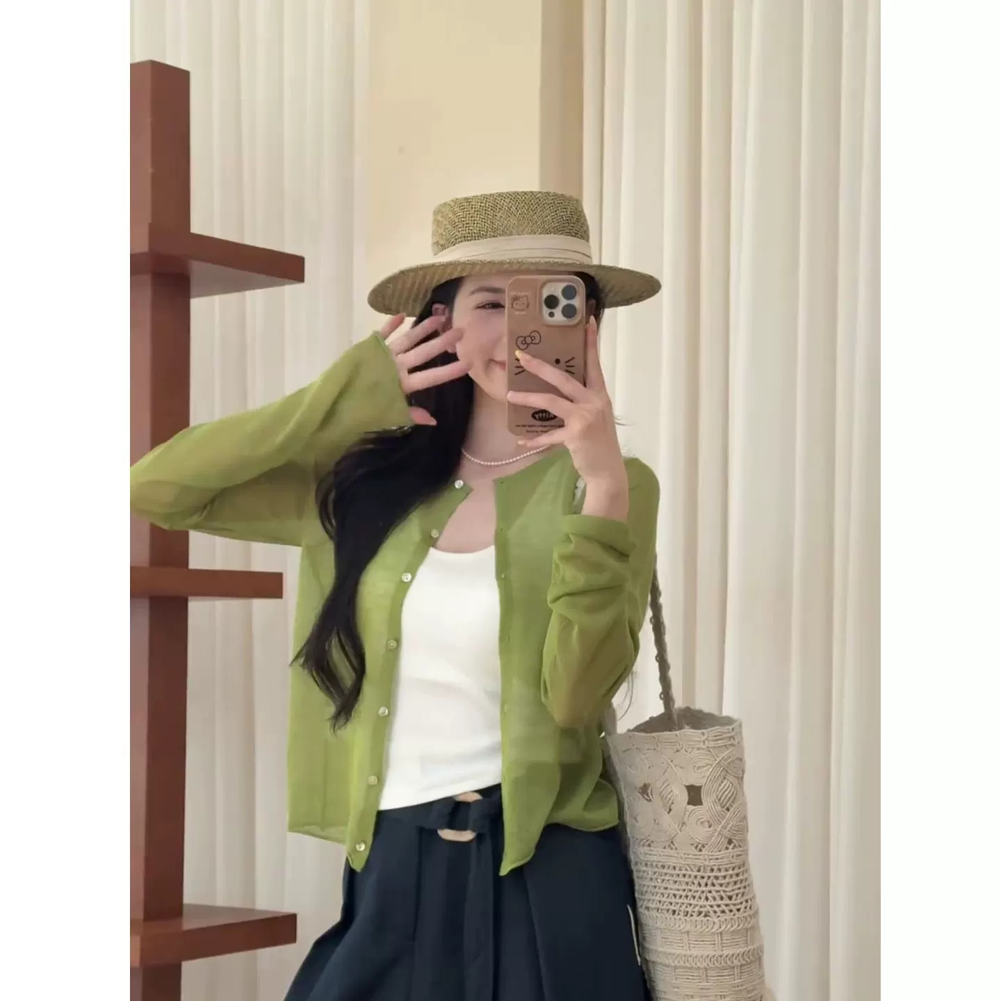 도파민 녹색 얼음 실크 니트 오픈 가디건 여성 여름 얇은 스타일 패션 착용 가져 가라. 자외선 차단 에어컨 재킷 단추 맨위
