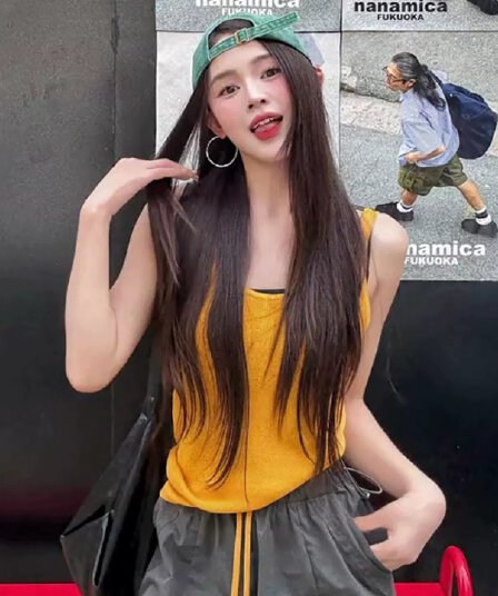슈퍼 잘 생긴 도파민 황색 캐미솔 여름 외출용 몸매 가꾸기 슬림해 보이는 고급 센스 핫걸 민소매 맨위