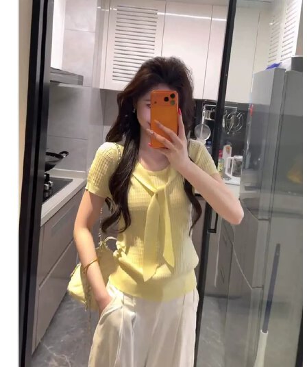 한 부서 해군 칼라 숄 나비 매듭 반팔 티셔츠 여성 여름 치즈 황색 몸매 가꾸기 슬림해 보이는 다용도 맨위 얇은 스타일