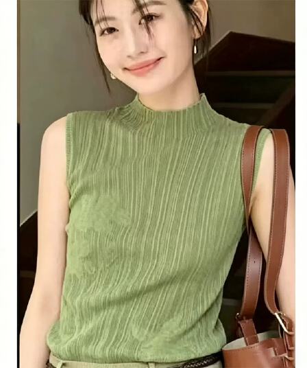 녹색 반하이넥 자카드 자수 니트 민소매 조끼 여성 여름 허리 수축 슬림해 보이는 어깨 고유 한 아름다운 맨위