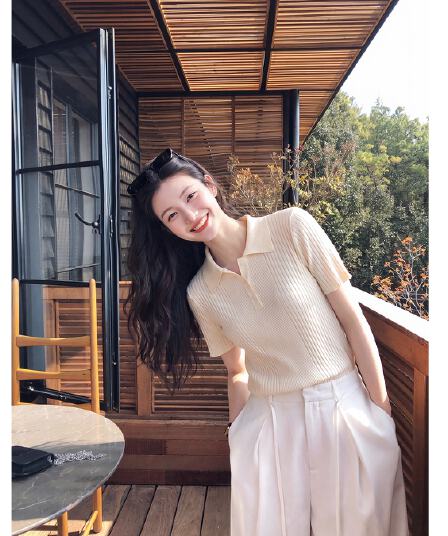 한 부서 품격 polo 폴로 칼라 세로 줄무늬 니트 스웨터 여성 여름 출퇴근 다용도 얇고 가벼운 통기성 반팔 맨위