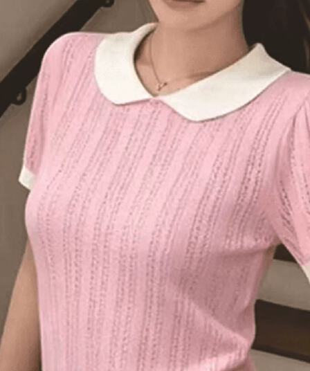 학원 스타일 베이비 칼라 배색 반팔 니트 스웨터 여성 여름 얇은 스타일 연령 감소 고유 한 아름다운 고급 센스 맨위