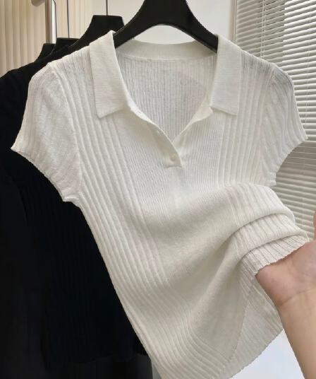 화이트 단추 구덩이 기사 폴로 칼라 반팔 니트 스웨터 여성 여름 한 부서 POLO 칼라 얼음 실크 얇은 스타일 다용도 맨위