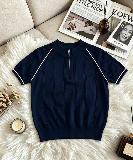 학원 스타일 배색 스트라이프 POLO 칼라 니트 반팔 여성 여름 다용도 슬림해 보이는 패션 연령 감소 슈퍼 잘 생긴 맨위