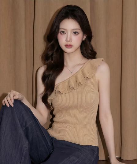 한 부서 비스듬한 어깨 니트 프릴 숄더백 조끼 여성 여름 새로운 몸매 가꾸기 슬림해 보이는 품격 핫걸 민소매 맨위