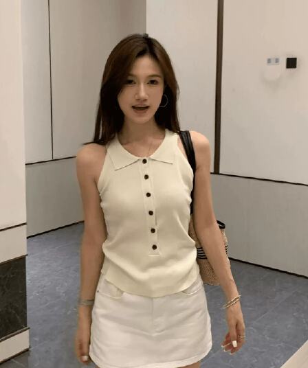 한 부서 녹색 민소매 조끼 여성 폴로 칼라 단추 니트 스웨터 캐주얼 맨위 여성 여름 얇은 몸매 가꾸기 슬림해 보이는 맨위