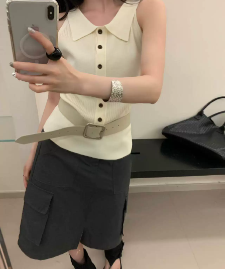 한 부서 POLO 칼라 니트 조끼 여성 여름 몸매 가꾸기 슬림해 보이는 다용도 민소매 맨위 작은 폴로 칼라 단추 오픈 가디건 얇은