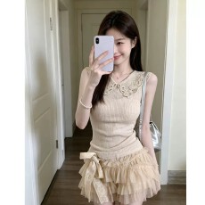 法式蕾丝娃娃领无袖针织背心女夏修身显瘦翻领设计感独特小众上衣