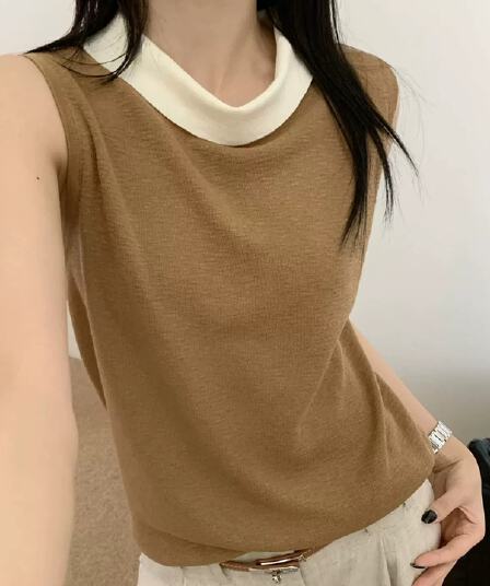 오래된 돈 바람 착용 가져 가라. 배색 니트 조끼 여성 여름 새로운 몸매 가꾸기 슬림해 보이는 다용도 품격 어깨 민소매 맨위