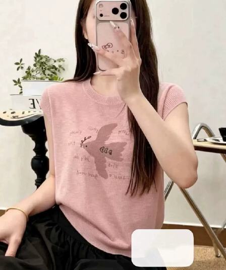 귀여운 캐주얼 바람 핑크색 라운드 넥 작은 날다 소매 프린트 니트 스웨터 여성 여름 루즈핏 슬림해 보이는 느긋한 다용도 맨위