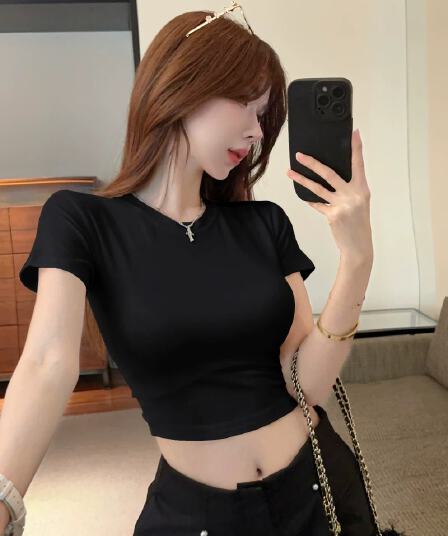 검정색 반팔 티셔츠 여성 여름 몸매 가꾸기 슬림해 보이는 이슬 뼈의 뒤로 펌프 로프 디자인 센스 맨위 미니멀리즘 다용도 얇은 스타일