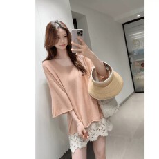 批发粉色U领五分<b class='q'>袖</b>冰丝针织衫女夏季轻薄防晒空调衫慵懒风别致<b class='q'>上衣</b>