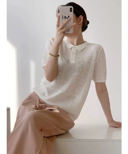 2026 새로운 프랑스식 레트로 POLO 칼라 자수 홀로우 아웃 니트 스웨터 여성 여름 슬림해 보이는 느긋한 바람 폴로 칼라 맨위