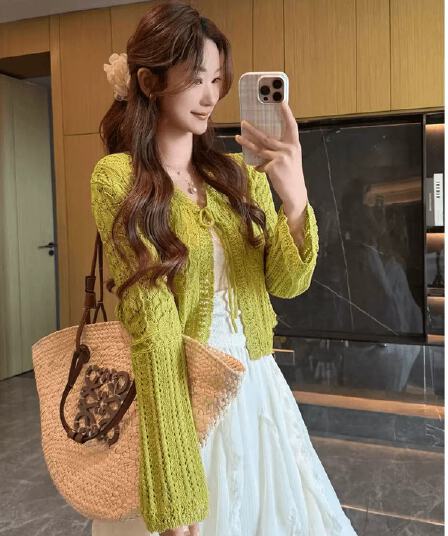 부드러운 바람 녹색 홀로우 아웃 니트 오픈 가디건 여성 봄 여름 자외선 차단 블라우스 슬림해 보이는 디자인 센스 고유 한 작은 대중 맨위 얇은