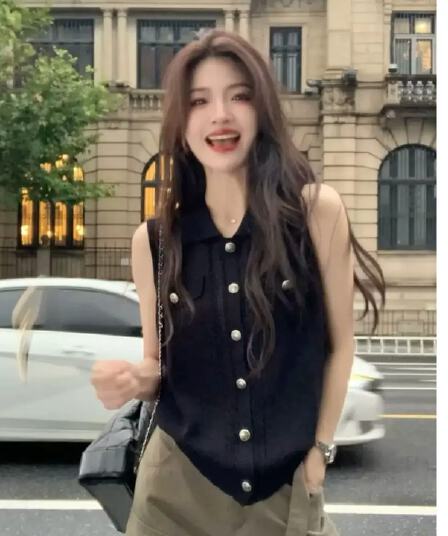 오래된 돈 바람 착용 가져 가라. 폴로 칼라 민소매 니트 조끼 여성 여름 화이트 싱글 줄 버튼 슬림해 보이는 다용도 세련된 맨위 얇은