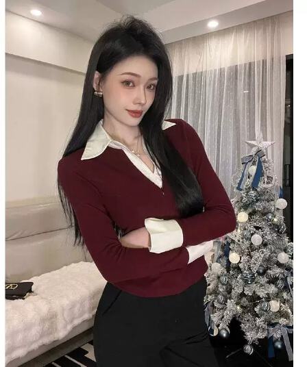 학원 스타일 배색 POLO 칼라 페이크 레이어드 긴팔 티셔츠 여성 가을 몸매 가꾸기 슬림해 보이는 출퇴근 다용도 연령 감소 맨위