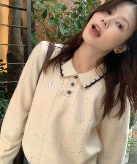 학원 스타일 폴로 칼라 자수 스웨터 여자 가을 겨울 연령 감소 다용도 와이드 부드러운 찹쌀 느긋한 POLO 칼라 니트 스웨터 맨위