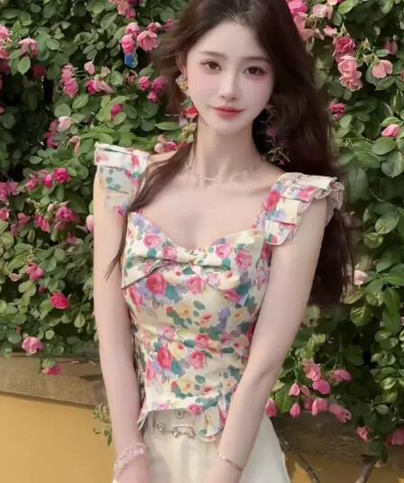 프랑스식 전원 바람 광장 칼라 작은 날다 소매 꽃무늬 조끼 여성 여름 몸매 가꾸기 슬림해 보이는 달콤함 연령 감소 고유 한 맨위 얇은