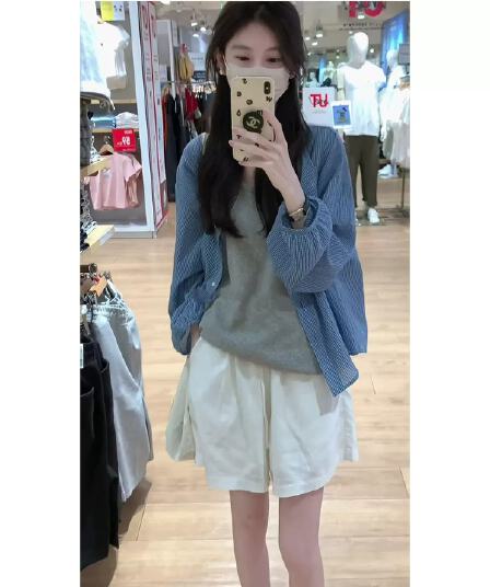 한 부서 느긋한 바람 파란색 체크무늬 긴팔 여성 셔츠 이른 가을 루즈핏 자외선 차단 디자인 센스 작은 대중 얇은 스타일 맨위