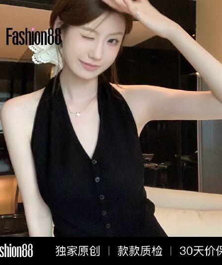 프랑스식 행침 목 V넥 니트 조끼 여성 여름 검정색 단추 몸매 가꾸기 허리 수축 슬림해 보이는 슈퍼 잘 생긴 민소매 맨위