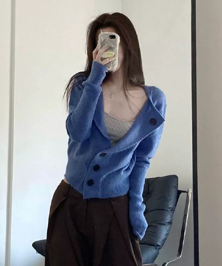 한 부서 파란색 모헤어 니트 오픈 가디건 여성 이른 가을 느긋한 바람 허리 수축 슬림해 보이는 분위기 센스 외국 가스 스웨터 코트
