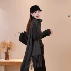 批发灰色堆堆领针织斗篷披肩女秋冬新款设计感不规则流苏围脖毛衣上衣