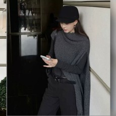 批发不规则设计感灰色流苏围巾女2026秋冬季外搭高领针织毛衣斗篷披肩